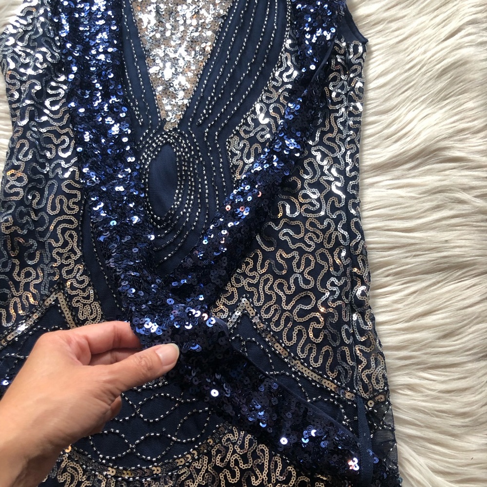 SOLD Sequins Flapper Dance Sport Glamorous Party Navy Silver Evening Dress S - Picture 4 of 16